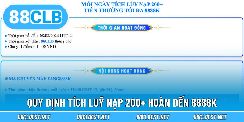 Tích luỹ nạp 200+ hoàn đến 8888k